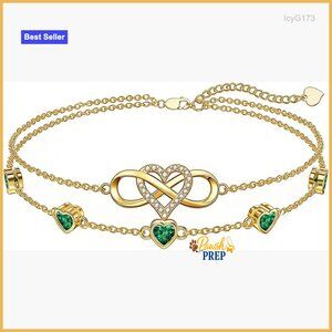 18K Gold Infinity Heart Birthstone Anklet Bracelet Adjustable 7-9 Inches
